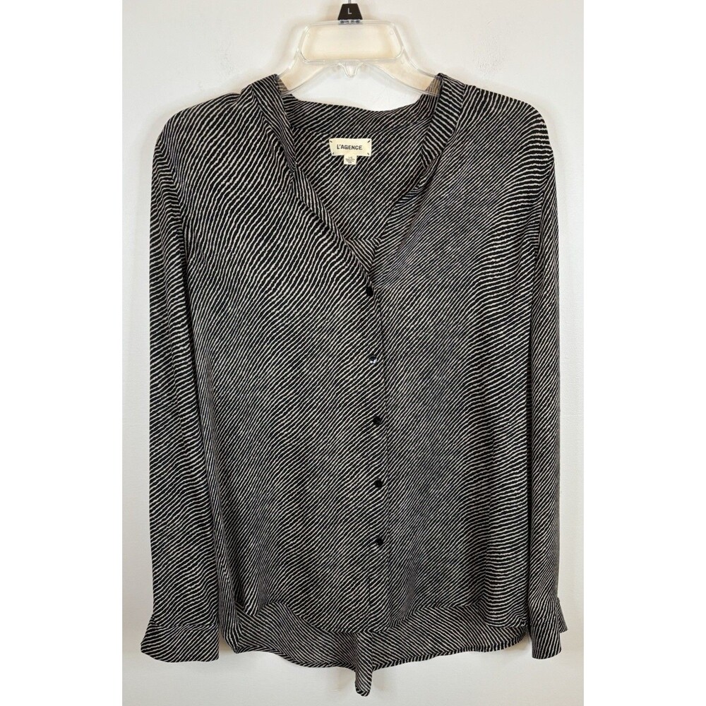 L'AGENCE Silk Blouse Black Cream Stripe Abstract Long Sleeve Large Quiet Luxury